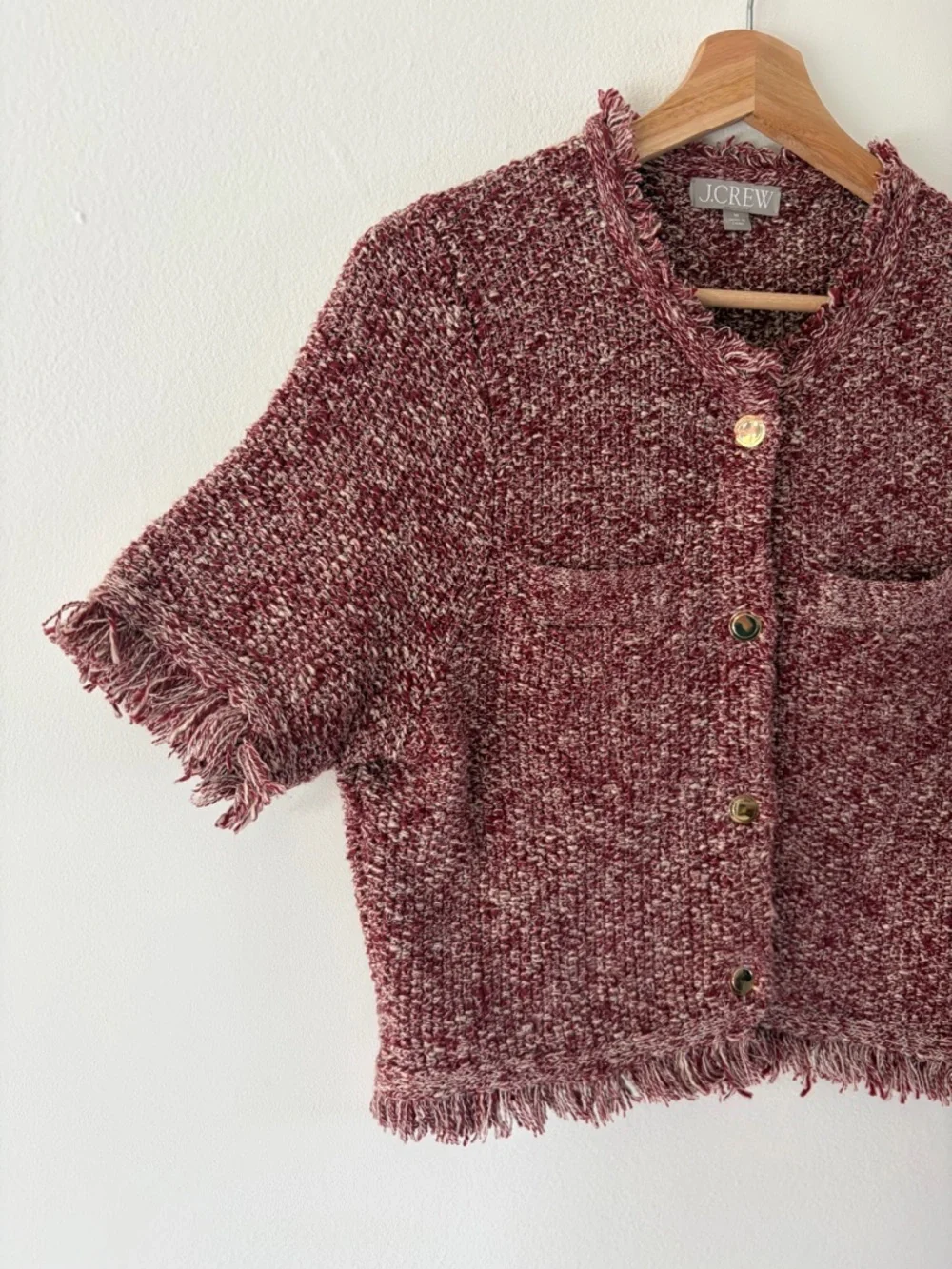 J. Crew Cropped Fringe‎ Trim Short Sleeve Knit Lady Jacket In Marled Yarn Medium